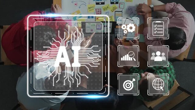 Dynamic overhead view of a team collaborating in a modern workspace, integrating AI technology for effective data analysis and strategic planning in business. Raster