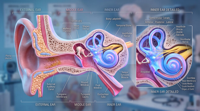 Detailed anatomical cross section of human ear showing external middle and inner ear structure with cochlea and ossicles