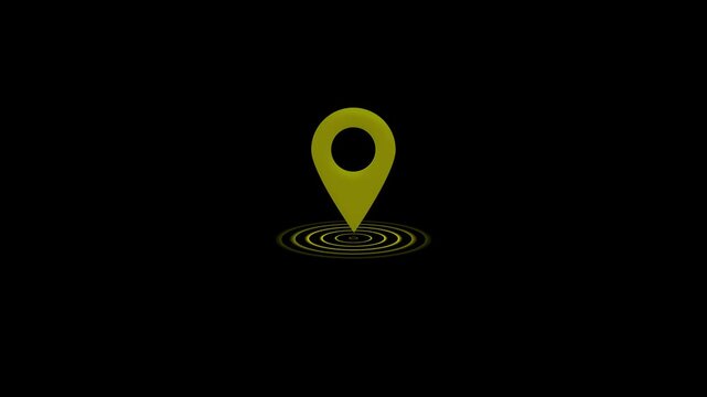 3D Yellow Location Pin Icon with pulsing ripple effect On Black Background, map marker GPS icon, navigation