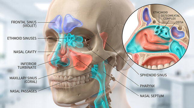 3D anatomical illustration of human paranasal sinuses showing frontal ethmoid maxillary and sphenoid sinuses with nasal cavity