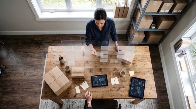 A small-business owner using a transparent physical Kanban board with movable blank tiles to reorganize a disrupted supply chain