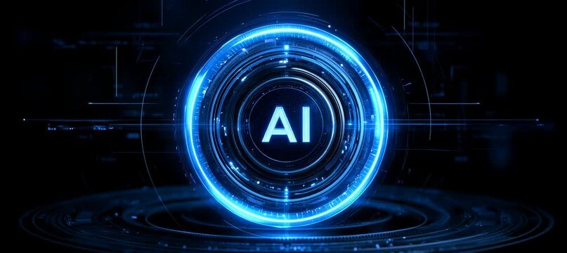 AI word digital circular button circular rotation motion. Generative video AI technology.	

