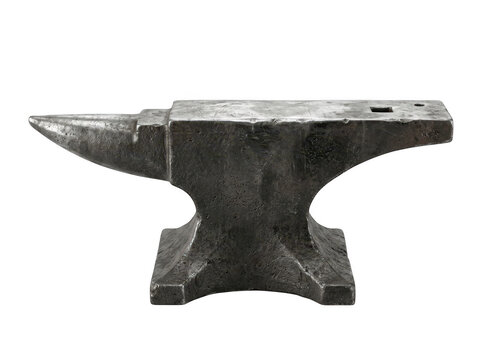 Blacksmithing anvil with worn surface and pointed horn sits on neutral studio backdrop.