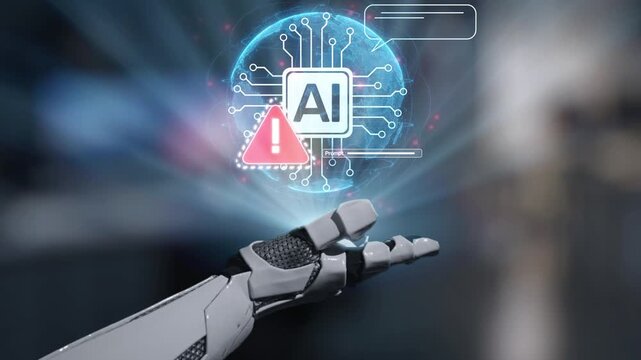 A striking image of a robotic hand reaching for a digital AI symbol, surrounded by networks and a warning sign, illustrating themes of technology and innovation in the future. Salient