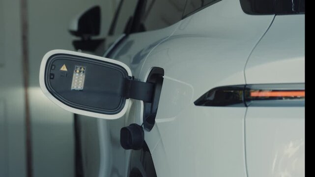 Person plugging off EV charging cable to white electric vehicle for sustainable energy transport.
