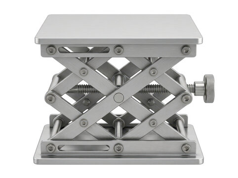 Adjustable metal lifting platform with articulated arms and threaded knobs.