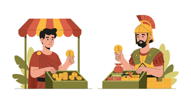 Ancient Roman Merchant and Soldier at Market Stall with Gold Coins Vector
