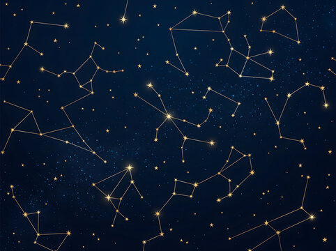 Golden Zodiac Constellation Chart with Astrological Star Signs, Celestial Geometry and Connected Stellar Lines on Deep Blue Cosmic Background for Astrology, Astronomy and Horoscope Design