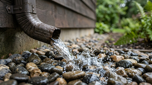 Rainwater pouring from a brown metal downspout onto wet river stones in a garden landscape after a heavy storm. Detailed close-up shot showing water drainage system, splash effect, and natural house 