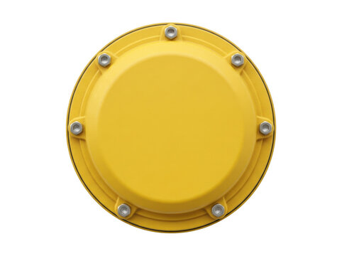 Yellow circular device with six screws attached to a flat surface.