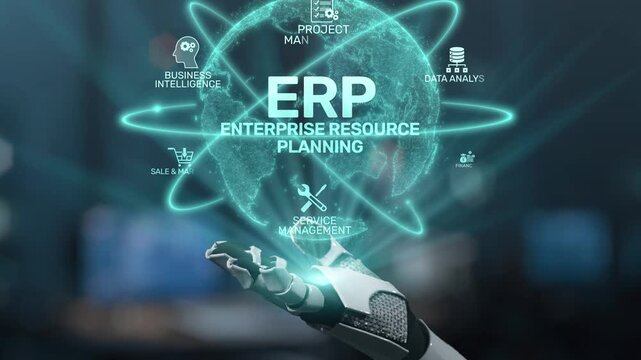 A robotic hand engages with holographic elements that symbolize enterprise resource planning and various business management functions in a modern digital environment. Salient