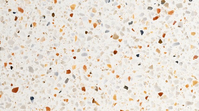 Abstract terrazzo pattern with colorful stone chips in a light beige background.