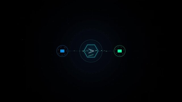 Minimalist fintech process flowchart connecting glowing verification icons on dark backdrop