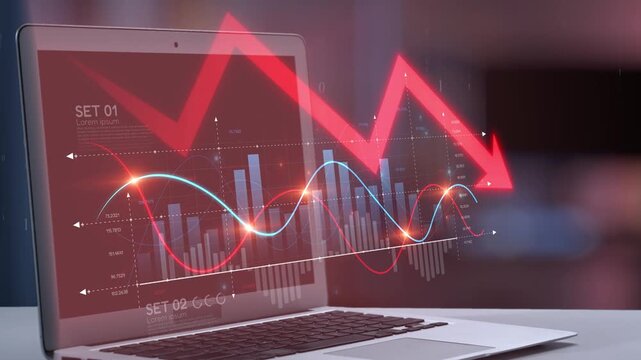 A modern laptop showcases financial data with graphs highlighting a downward trend, representing economic challenges and market analysis in a sleek digital workspace. Salient