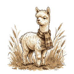 Fototapeta premium A fluffy baby alpaca wearing a cozy plaid scarf standing in a field of dry grass with stalks fallen autumn detailed ink sketch