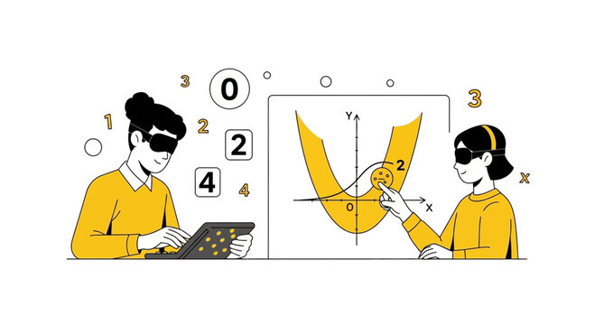Modern flat illustration of students using VR headsets for mathematics and data analysis