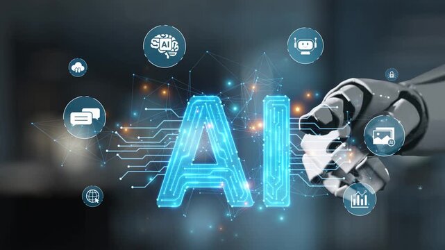 Explore the integration of artificial intelligence in technology with a robotic hand and various icons symbolizing AI advancements and applications in a digital world. Salient