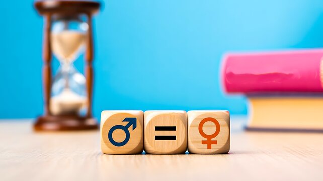 Gender equality concept with male female symbols and hourglass representing time and balance
