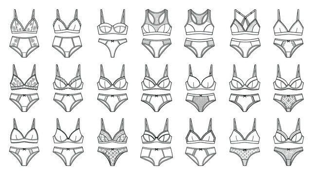 Lingerie sets thin line icons showcasing diverse bra and panty.
