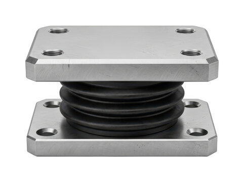 Rubber vibration isolator mounted between two metal plates for machinery support.