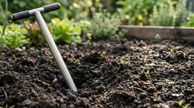 Soil sampler probe inserted into rich organic garden soil for agricultural testing and soil quality analysis, outdoor vegetable patch background with blurred plants and natural daylight 