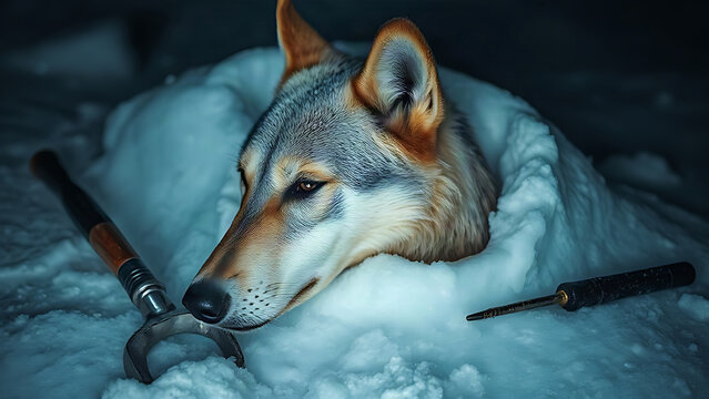 Preserved wolf head in icy permafrost with excavation tools, science and frozen history concept