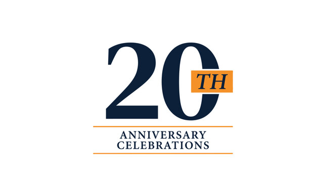 Elegant twentieth anniversary celebration graphic design featuring dark blue bold numbers and orange text accents styled on white background