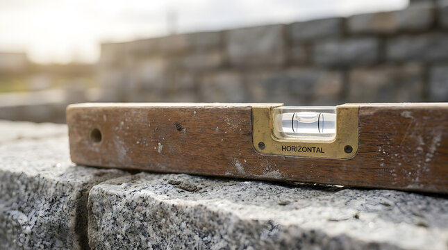 Spirit level tool resting on a stone masonry wall during a construction project, demonstrating professional leveling and precision measurement for landscaping or civil engineering site development 
