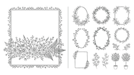 Fototapeta premium Elegant floral frames and botanical wreath collection line art.