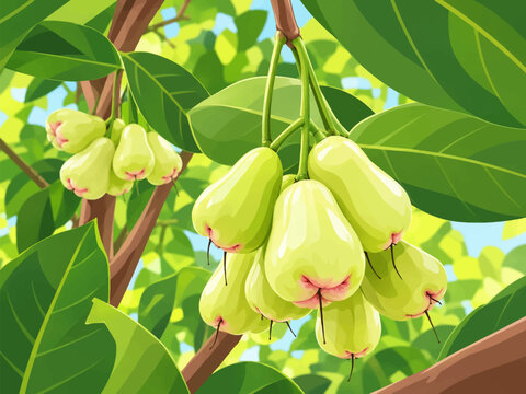 A vibrant close-up illustration of fresh green wax apples growing in clusters on a tree. The plump, bell-shaped fruits have glossy pale-green skin with soft pink-red blossom tips and delicate dark sta