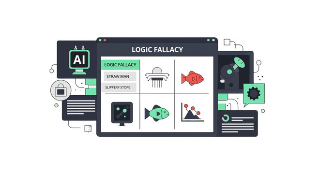 AI Logic Fallacy Concept Illustration with Critical Thinking Icons and UI Design