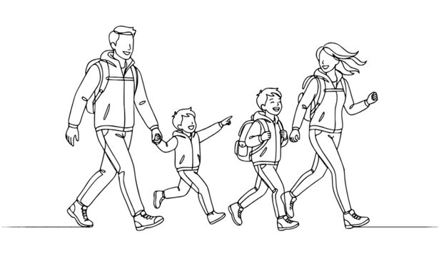 Happy Family Trekking Together Minimal Line Art Illustration
