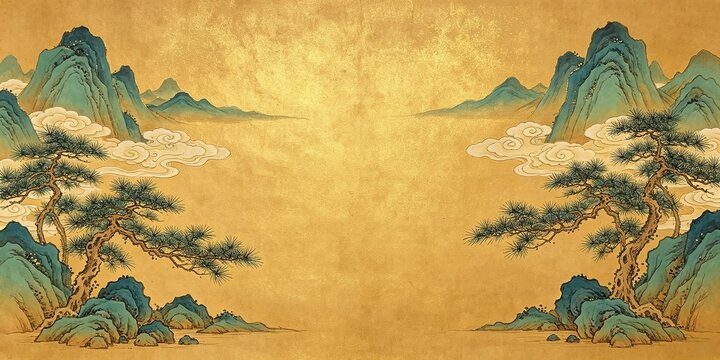 Traditional Chinese Painting Gold Leaf Background Triptych Screen Pine Trees Blue And Green Rocks Mountains Empty Golden Center Minimalist