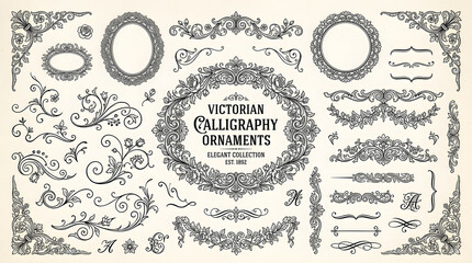 Fototapeta premium Victorian Ornate Borders and Flourishes: A collection of vintage decorative elements, including oval frames, floral motifs, scrollwork, and calligraphic ornaments.