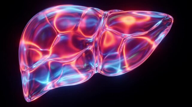 発光する半透明の肝臓が代謝平衡状態を保つ医療科学CG背景