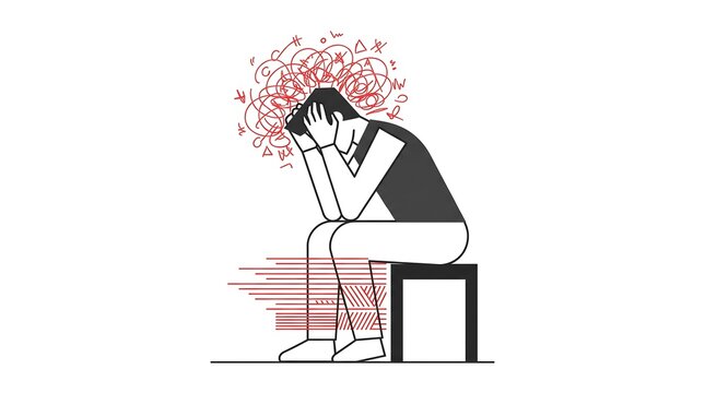 Depressed person sitting holding head in hands with chaotic scribble cloud above head representing mental health anxiety stress depression burnout and overwhelming thoughts