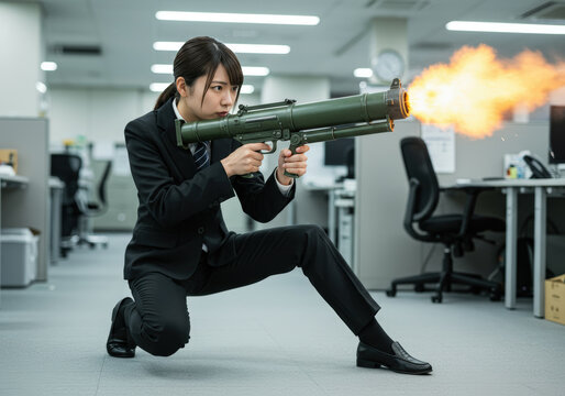 Japanese office lady in professional suit holding bazooka or rocket launcher. in office.
