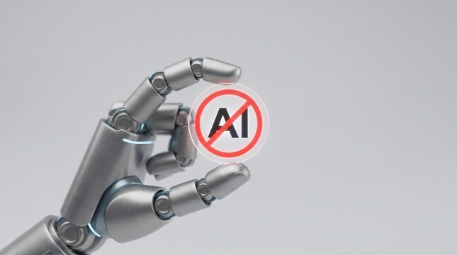 Cyborg Hand Displays 'No Artificial Intelligence' Symbol, Highlighting Future Technology Limitations and Restrictions