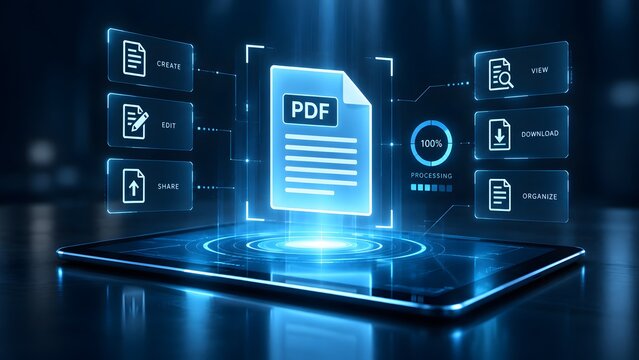 Digital pdf editing software interface displaying automated document processing and file management capabilities on futuristic tablet