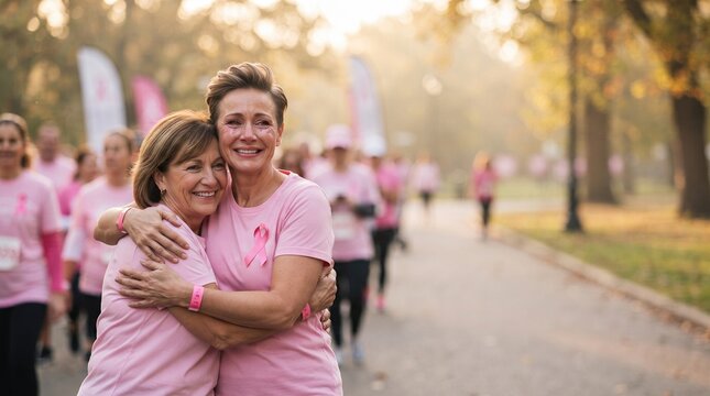 Two women hugging in pink shirts for cancer awareness event