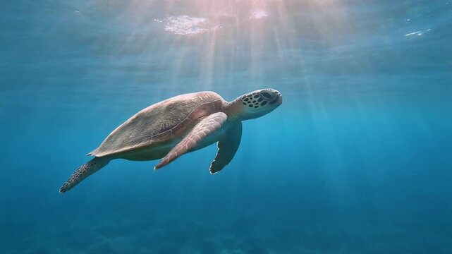 Majestic Sea Turtle Swimming Under the Ocean Surface with Sunlight Beams Filtering Through the Blue Water