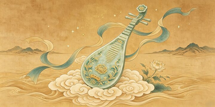 Traditional Chinese Pipa Floating Above Stylized Waves Intricate Golden Floral Patterns Teal And Gold Flowing Silk Ribbons Clouds