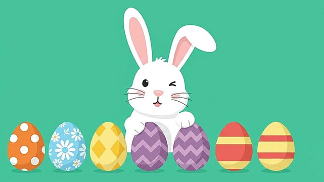 Easter bunny animation moving rhythmically behind colorful decorated eggs in this playful festive video motion graphic for seasonal spring holidays
