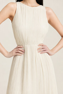 sleeveless beige pleated dress with hands on waist