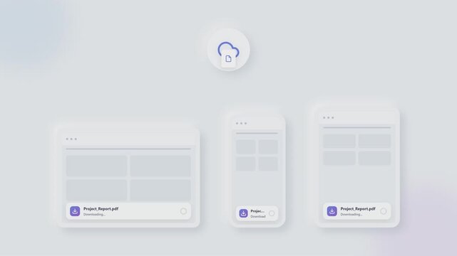 Cloud upload animation showing a glowing cloud icon above multiple document windows as file cards appear and sync across a clean soft interface for cloud storage and digital file management