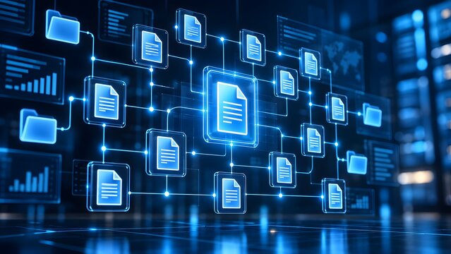 Electronic document management network displaying glowing digital files for automated enterprise workflow and paperless office