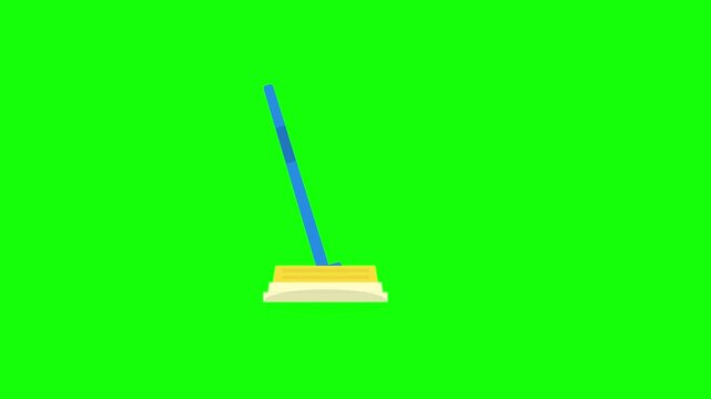 2D flat design animation icon featuring a blue floor mop with a yellow cleaning head isolated on a bright green chroma key background for video editing and housekeeping concepts.