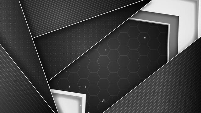 Abstract dark geometric background with layered framed shapes animation, Geometric modern tech style design with copy space