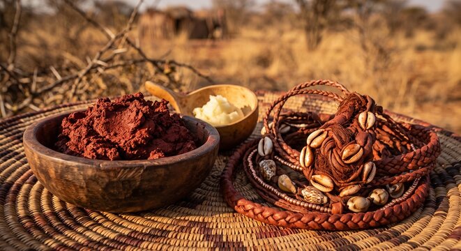 Himba ochre skincare ingredients and beaded ornaments on woven mat