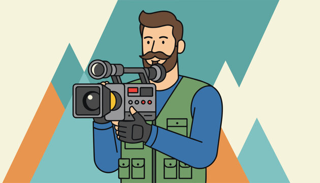 Cameraman or videographer holding a professional video camera, filming outdoors with mountains and geometric abstract shapes in the background.